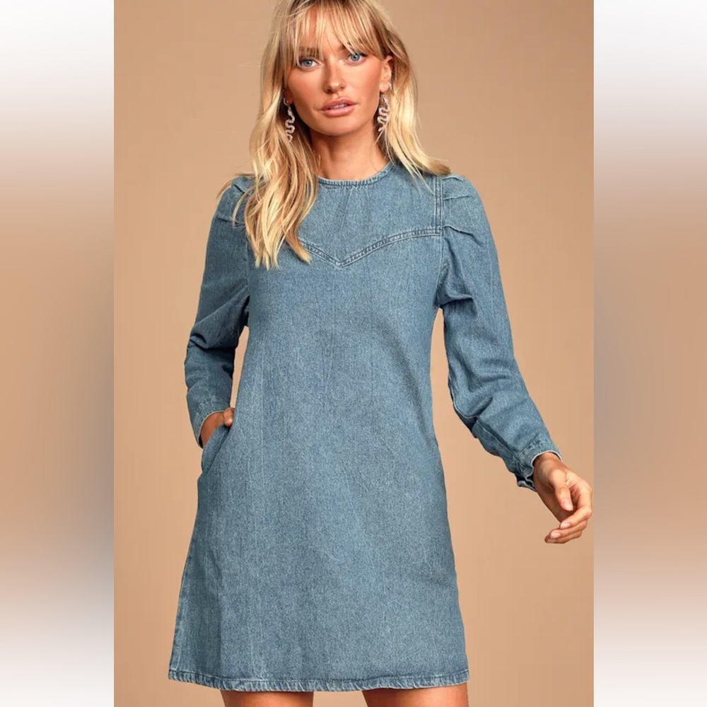 Free People Self Control Denim Mini in Blue Long Sleeve Dress w/ Pockets 12